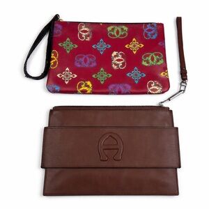 Etienne Aigner Brown Leather Wristlet Bundle of 2 Vintage Zip Pouch Bags Unisex
